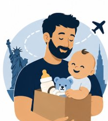Pai segurando bebê com sacola de compras, ilustração editorial